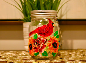 Decorative votive candle holder with oil painting. Flowers and cardinal bird oil painting by hand on mason jar. 