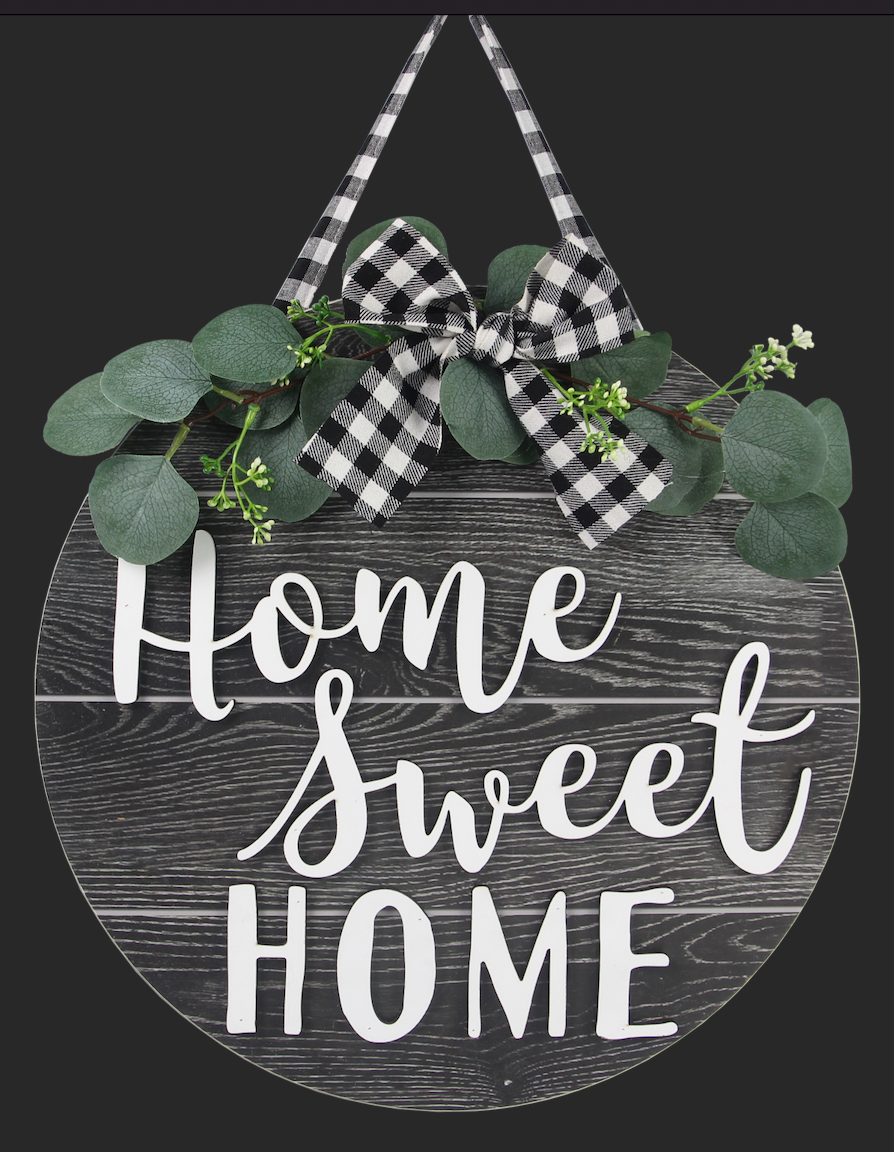 Wood Welcome Door Hanger with 3D Lettering Greenery and Plaid Bow