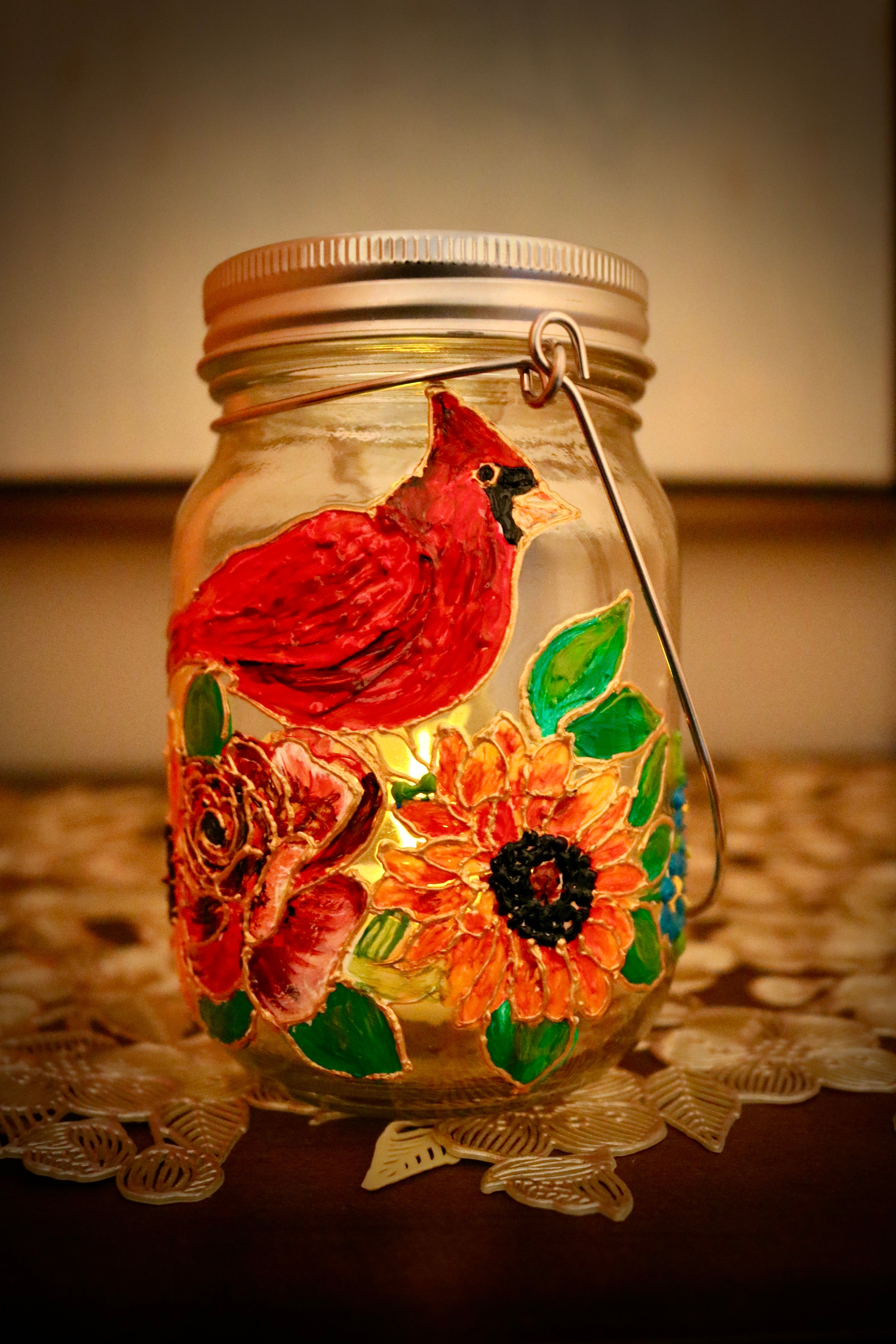 Decorative votive candle holder with oil painting. Flowers and cardinal bird oil painting by hand on mason jar. Elevate your home with this beautiful artwork